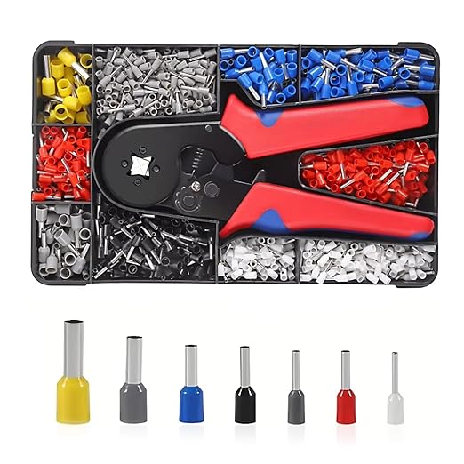 Wire Ferrule Crimping Tool Kit, Carbon Steel Crimper, 7 Sizes PVC Ferrules AWG 28-5, Crimp with 1700Pcs Hexagonal End Ferrules, for Connection (7 Sizes 1700PCS)