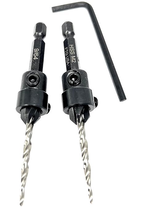 FTG USA Countersink Drill Bit Set 2 Pc #6 (9/64") Wood Countersink Drill Bit, Pro Pack Countersink Set, Tapered Countersink Bit, Stop Collar, Hex Wrench, Woodworking Countersink Drill Bits