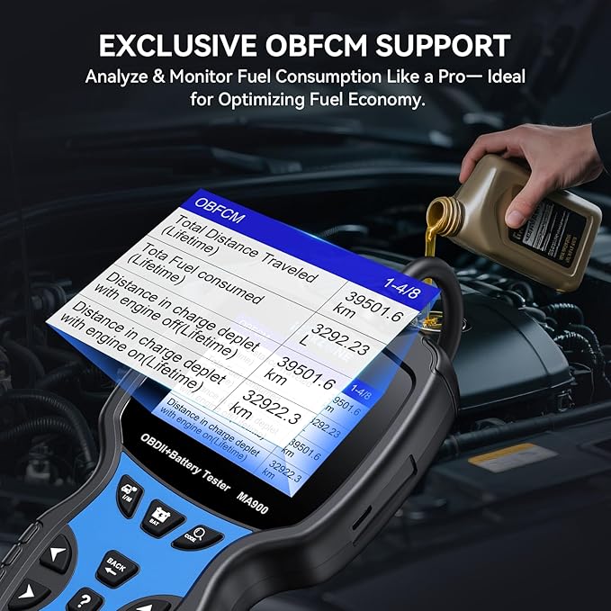 MA900 Battery Tester + OBD2 Scanner 2 in 1, 12V 24V 100-2000CCA Accurate & Instant Battery Health Diagnostic Tool with OBFCM Test I/M Test, Charging & Cranking Analyzer for Car, Motorcycle