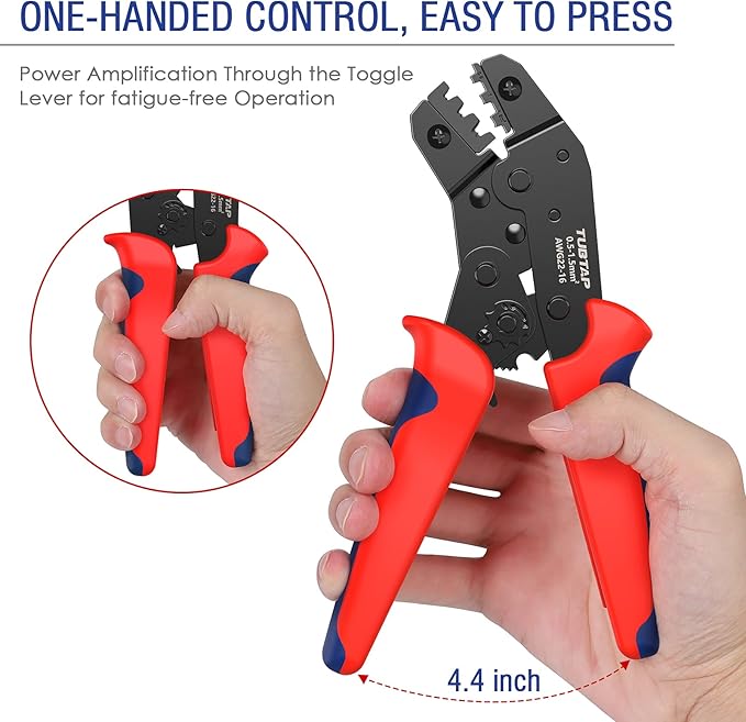 TUBTAP Spade Connector Tool 22-16 AWG Bullet Connectors - Ratcheting Wire Terminal Crimper, Wire Crimping Tool