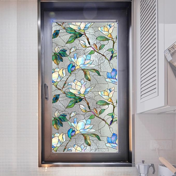 Magnolia Stained Glass Privacy Window Film, Decorative Window Tinting Film by WBQMUNY