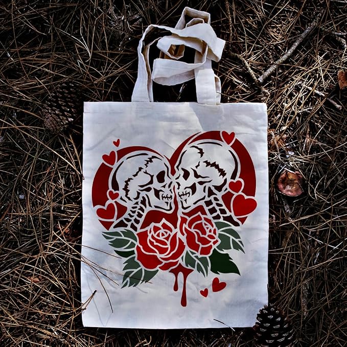 1 Piece Skeleton Lover Rose Craft Art Stencil, 11.8"x11.8" Skull Couple Plastic - Image 5
