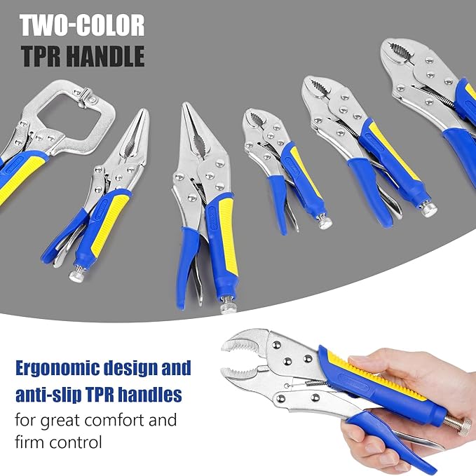 6-Piece Locking Pliers, Heavy Duty Vice Grips Set, 5", 7" & 10" Curved Jaw & 6-1/2" & 9-1/2" Long Nose, 6" C-Clamp, for Welding and Metal Bending.