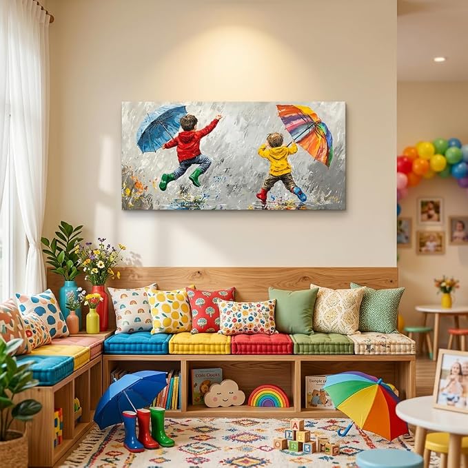 ZESTRILIA Joyful Kids Playing in Rain Canvas Wall Art, Rainbow Umbrella by Unknown