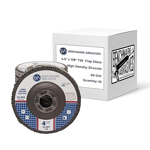 Benchmark Abrasives 4.5" x 7/8" Premium High Density Jumbo Zirconia Type 29 Flap Discs 4 1/2 for Angle Grinder, Sanding Discs, Finishing - Grinding Wheels 4 1/2 Inch (10 Pack) - 60 Grit