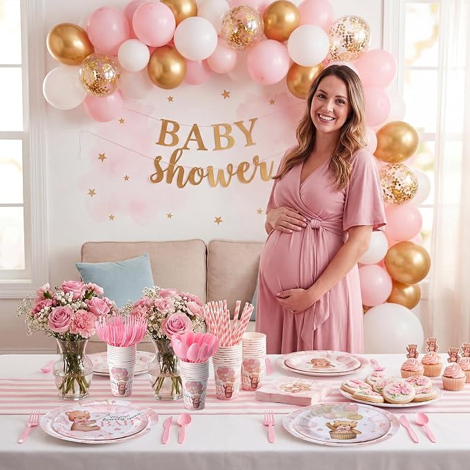 450 Pcs Pink Bear Baby Shower Tableware Set Decorations We Can Bearly Wait - Image 5