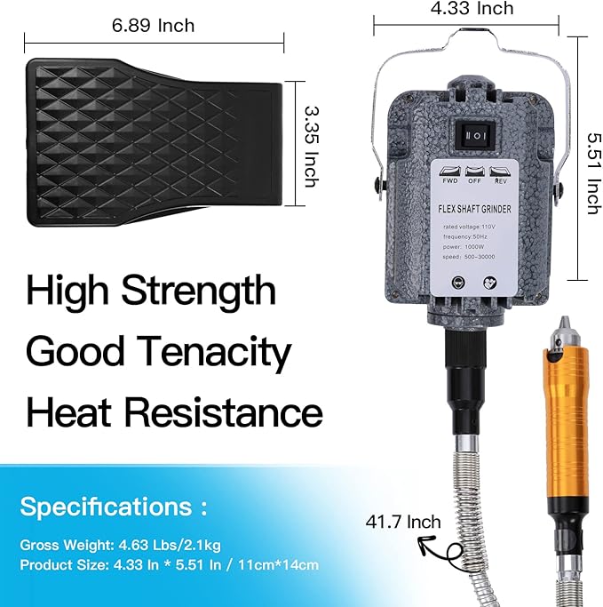 1000W 30000RPM Electric Flex Shaft Rotary Tool Foot Pedal Control Flex Shaft Hanging Grinder Carver Can Forward-Reverse Rotation, Multi-function Kit with Accessories for Carve-Buffing Diy Craft work