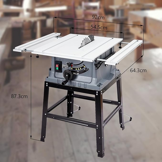 10 Inch Table Saw with Stand, 15 Amp 5000RPM Portable Table Saw, 90°Cross Cut & 0-45°Bevel Cut, Adjustable Depth, Multifunctional Saw for Woodworking, Metal, Plastic, Grey