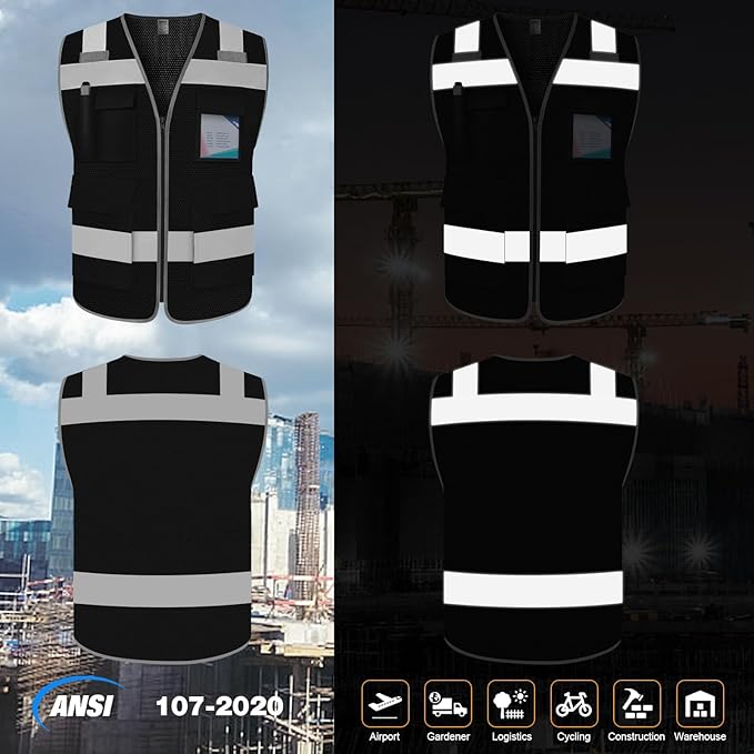 TCCFCCT Mesh Reflective Safety Vest 5 Pockets High Visibility Safety Vest for Men Women, Work Vest with Horizontal Strip for Walkie-talkie, Durable and Fashion, Meets ANSI/ISEA Standards, Black, L