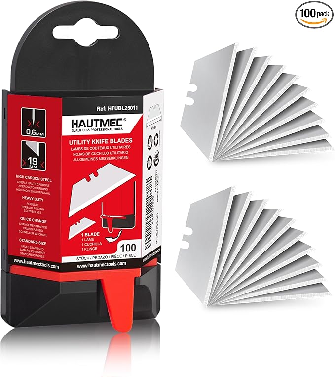 HAUTMEC 100 Pack Utility Knife Blades, Standard Box Cutter Blades with Innovative Safty Dispenser, Premium Carbon Steel Utility Blade Replacement, for Box, Carpet, Rope - HTUBL25011