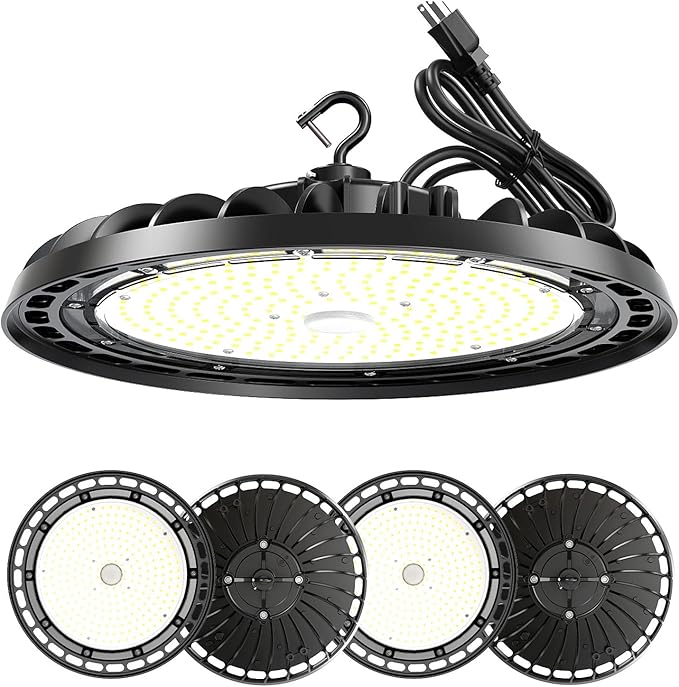 LED High Bay Light 240W, 12' UFO Commercial Lighting Fixture w/Isolated Power Supply, w/Plug for Garage Shop Warehouse Workshop, 5000k 35000lm Dimmable IP65 UL ETL Listed (4-Pack)