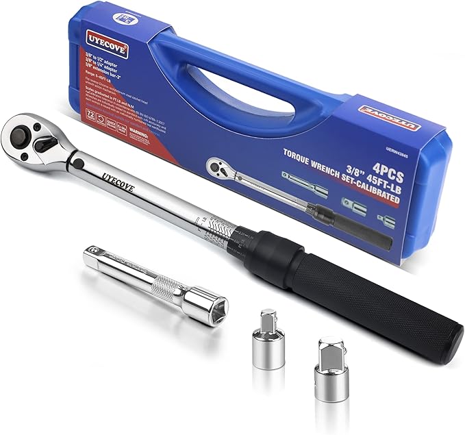 3/8-Inch Drive Click 3/8 Torque Wrench 4 Pcs Set, 10~45FT/13.5-61N.m, Torque Wrench 3/8 with Extention Bar, 3/8'' to 1/2'' Adaptor and 3/8'' to 1/4'' Adaptor