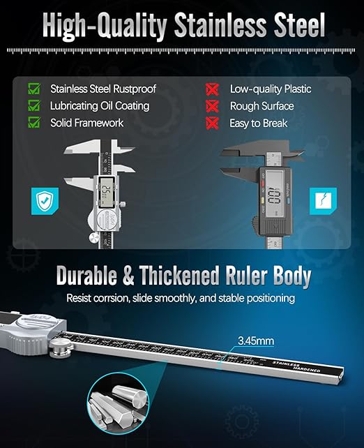 Digital Caliper 12 Inch, (ABS) Absolute Scale Caliper, IP54 Caliper Measuring Tool, Inch/MM/Fraction, Auto-Off LCD Stainless Steel Waterproof Micrometer Vernier Caliper, Feeler Gauges
