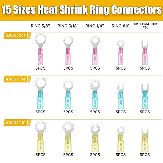65PCS Marine Grade Heat Shrink Wire Connectors-Electrical Connectors Kit of Tinned Red Copper,Crimp Insulated Ring Fork Spade Butt Splice AWG22-16 16-14 12-10 Gauge (65pcs Kit, AWG 22-10)