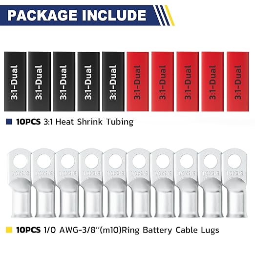 haisstronica 10pcs 1/0 AWG - 3/8"(M10) Tinned Copper Battery Lugs, Heavy Duty Copper Wire Lugs with 10pcs 3:1 Adhesive Heat Shrink Tubing, 0 Gauge Wire Lugs, Tinned Copper Battery Cable Ends