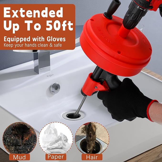 50 FT Double Mode Drain Snake Tools, 11-in-1 Drain Auger for Sink and Drain Unblocking, Plumbing Snake for Kitchen, Bathrom and Shower Sink, Snake for Real DYIs【Upgraded】