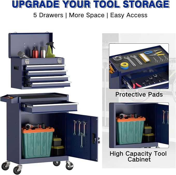 5 Drawer Tools Chest, Tool Cabinet with Universal Lockable Wheels，Tool Box with Detachable Top Box for Workshop (Darkblue)