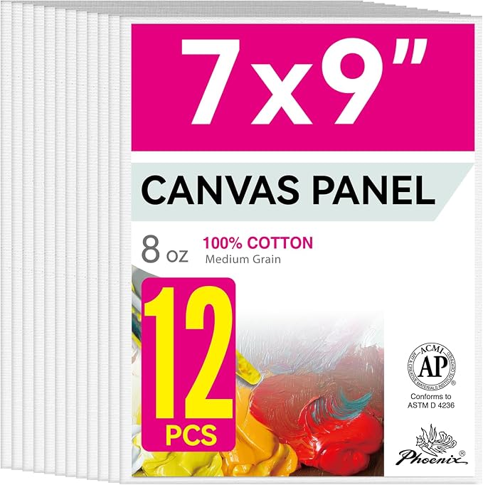 PHOENIX Painting Canvas Panels 7x9 Inch, 12 Value Pack - 8 Oz Triple Primed by PHOENIX
