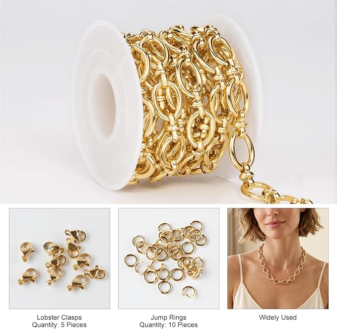 6.5 FT Bright Gold Chains for Jewelry Making Oval Circle Chain Link | Stainless - Image 2