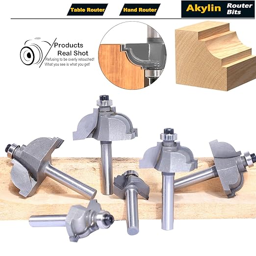 6pcs Classical Cove Router Bit Set,1/4" Shank Cove & Fillet Bits,Carbide Tipped Cutters for Wood Standard Cove Profiling,Molding,Edging