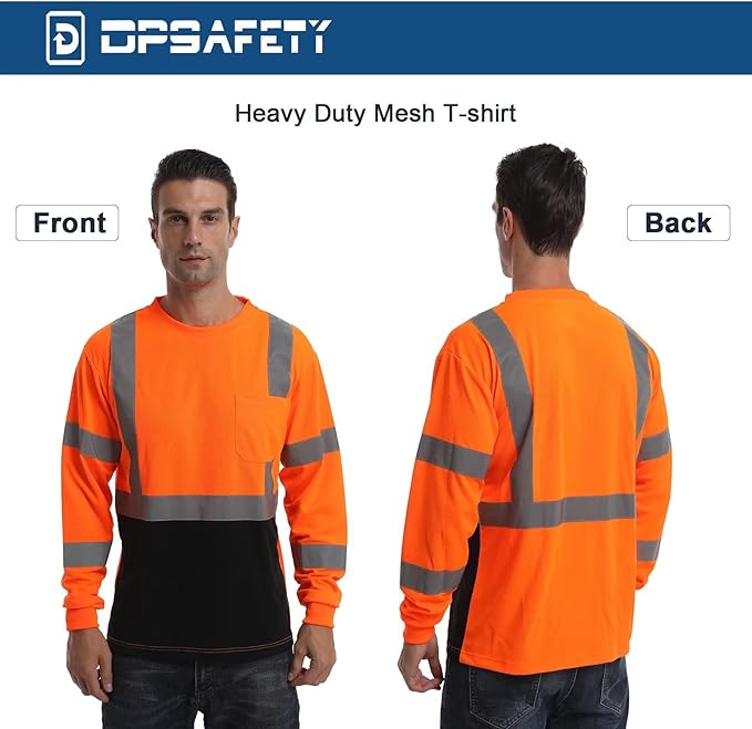 High Visibility Class 3 T Shirts，Hi Vis Safety Shirts with Reflective Strips and Pocket, Long Sleeve Quick Dry Mesh Construction Work Shirt for Men/Women Black Bottom Orange,Large