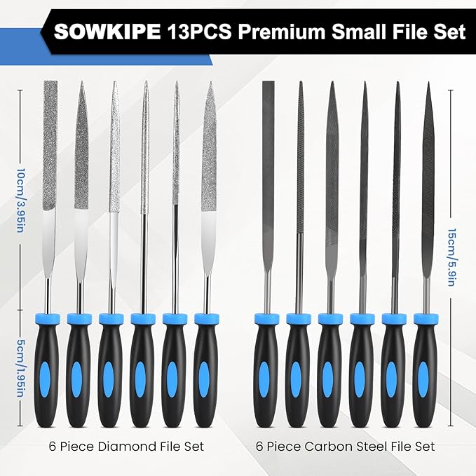 13Pcs Premium Small File Set, 6 Diamond Files, 6 Steel Files, Cleaning Brush & Carrying Case for Wood, Plastic, Jewelry, Leather, DIY