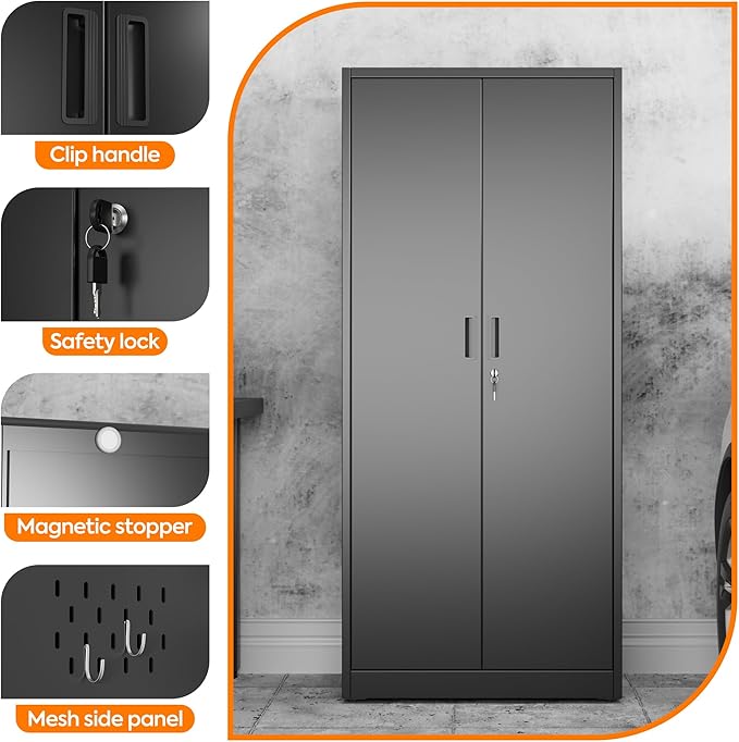 Aobabo Metal Cleaning Tool Storage Cabinet with Lockable Door, 13 Hooks and Towel Racks, Broom Closet Storage Cabinet for Janitorial Supplies, 61.61" H×27.55" W×13.77" D, Assembly Required, Black
