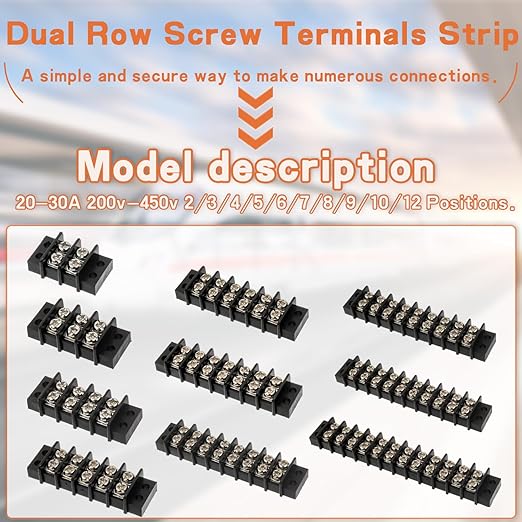 8 Circuits 8 Positions Terminal Block 20-30A 200-450V Dual Row Screw Terminals Strip with 64 PCS Heat Shrink Wire Fork Connectors(Pack of 4pcs)