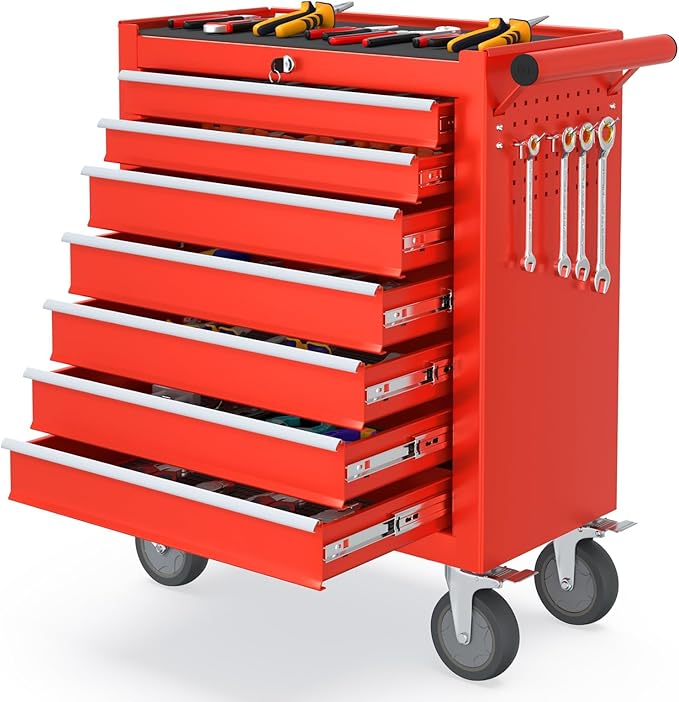 7 Drawers Rolling Tool Chest, Portable Storage Tool Box with Wheels, Tool Chest with Lock for Warehouse, Garage, Repair Shop and Tool Room