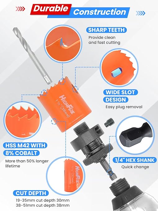 HIGHFIRE 17 Pcs 1/4" Hex Shank Hole Saw Kit for Impact Driver, 3/4" to 2" Bi-Metal Heavy Duty Hole Cutter for Metal, Wood and Plastic, Smooth and Precise, Fast Chip Removal.