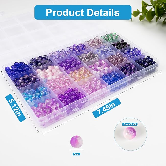 XSEINO About 1200PCS 6mm Crack Glass Beads, 24 Assorted Crack Violet Purple - Image 3