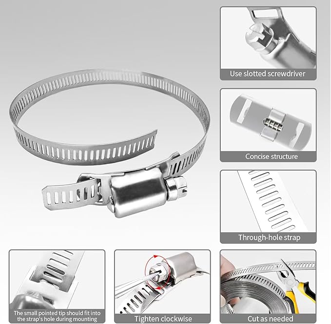 Hose Clamps 20FT Strap+10 Fasteners,DIY Cut-To-Fit 304 Stainless Steel Adjustable Large Worm Gear Band Clamp Assortment Kit,Metal Screw Fasteners and Strapping for Pipe,Duct,Pole,Tube