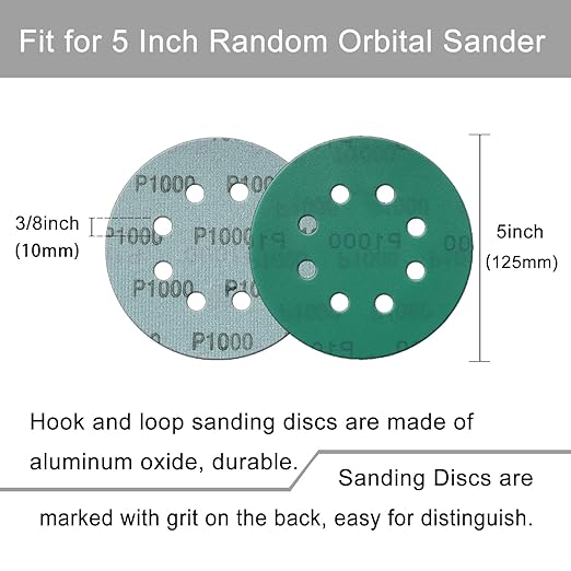 5 Inch 8 Hole Sanding Discs, 50 Pcs Wer Dry Sandpaper 1000 Grit Hook and Loop Green Polyester Film Backed Sanding Disc for Random Orbital Sander Wood Car Metal Plastic (1000 Grit, 50 Pack)