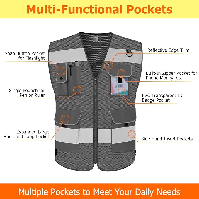 TCCFCCT Mesh Safety Vest for Men Women 9 Pockets High Visibility Reflective Vest for Safety, Work Vest with Reflective Strips, Meets ANSI/ISEA Standards, (Grey, X-Large)