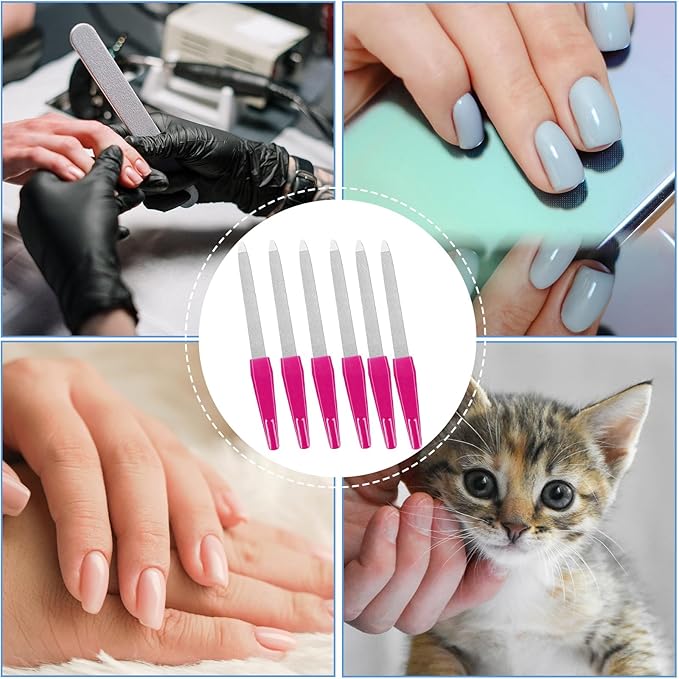 Metal Nail Files with Sharp Pointed Tip Made of Stainless Steel Non Slip Handle, Nail File Double Sided Sapphire Grit for Natural Nails Fingernails limas de uñas metálicas Color Pink (6 Pcs)