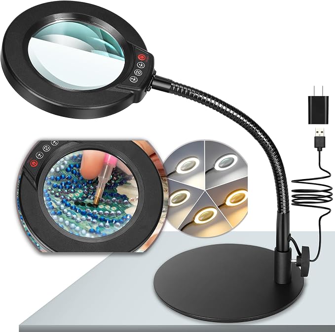 10X Magnifying Glass with Light and Stand, 5 Color Modes Stepless Dimmable LED by KRSTLV