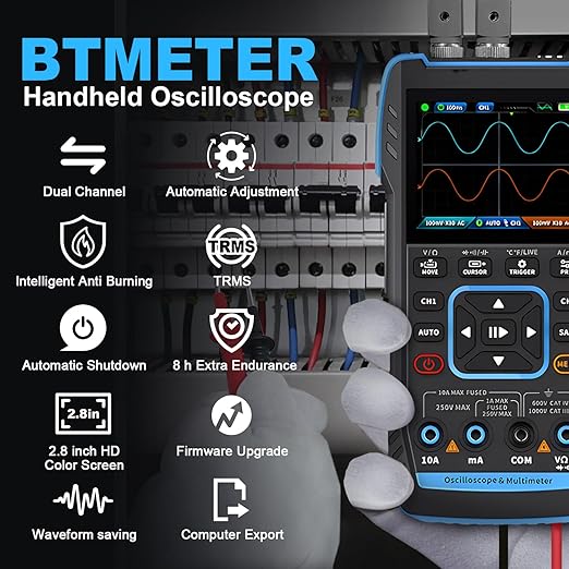 BTMETER 3-in-1 Handheld Oscilloscope Multimeter & DDS Generator, 2 Channel, 10MHz Bandwidth, 50MSa/s, 10000 Counts Digital Oscillograph for Testing Voltage Current Capacitors Resistors Diodes