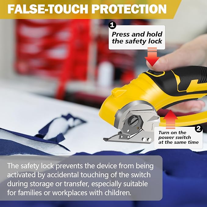Cordless Electric Scissors, 4V Box Cutter & Cardboard Cutter with 2 Titanium Blades - Rotary Cutter with LED Light for Fabric, Leather, Carpet, Plastic, Crafting + Storage Case (Yellow)