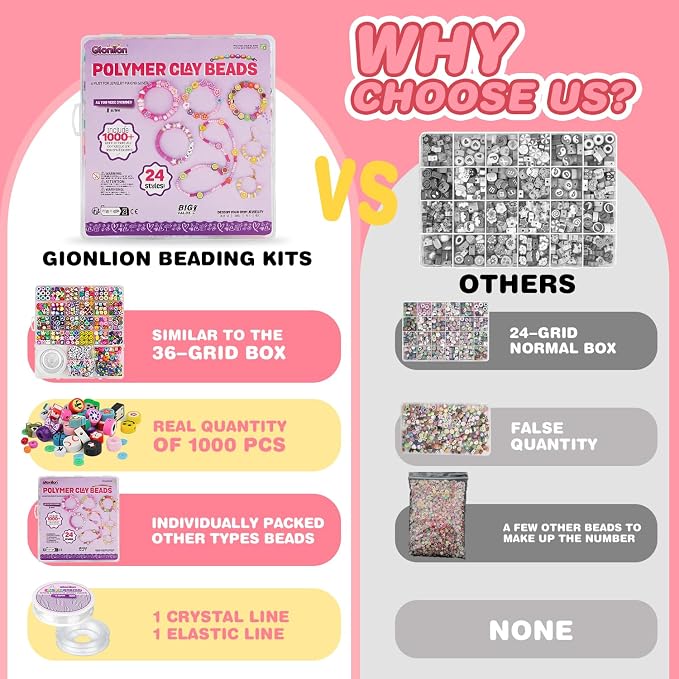 Gionlion 1000PCS Polymer Clay Beads Bracelet Making kit, 24 Style Cute Fun - Image 5
