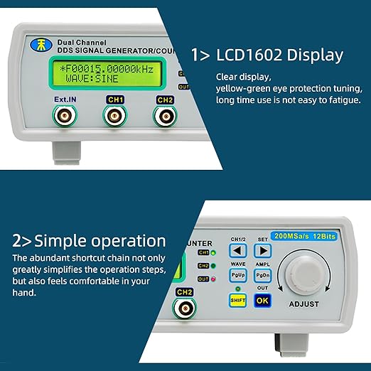 Koolertron DDS Signal Generator Counter, 2" Screen Display 25MHz High Precision Dual-Channel Arbitray Waveform Generator Frequency Meter 200MSa/s