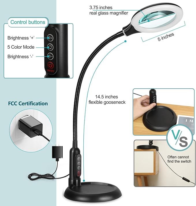 10X Magnifying Glass with Light and Clamp, 5 Color Modes Stepless Dimmable - Image 2