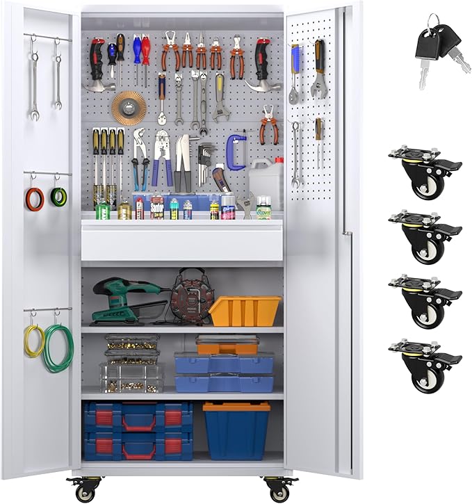 Metal Garage Storage Cabinet with Wheels,71" H Rolling Tool Cabinet with Pegboard,Hooks and 1 Drawer for Garage Warehouse Home, Assembly Required,White