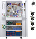 Metal Garage Storage Cabinet with Wheels,71" H Rolling Tool Cabinet with Pegboard,Hooks and 1 Drawer for Garage Warehouse Home, Assembly Required,White