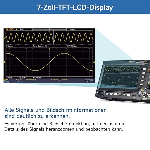 OWON Digital Oscilloscope with Dual-Channel Channels and Screen 7 inch, TFT-LCD Display, Portable Oscilloscope with 1GS/s Sampling Rate, Bandwidth 100MHz,8K Waveform Length,SDS210S