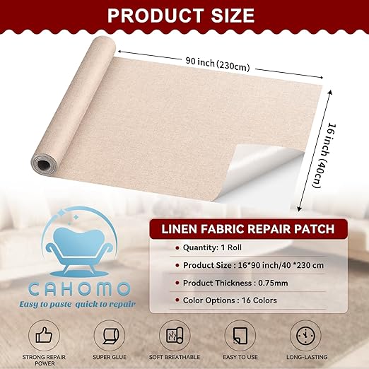 Linen Repair Tape 16x90 inch, Self Adhesive Fabric Patches, Linen Patch Tape Kit, Fabric Repair Tape for Couch Sofas, Headboards, Chairs, Pillows, Curtains, Couches - Beige White