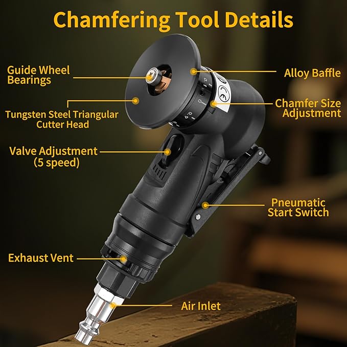2 in 1 Pneumatic Chamfering Tool- Mini Air Chamfer Tool with Multi-Angle Chamfering Kit,45 Arc Corner Deburring Beveling Chamfer Machine for Metal, Acrylic,Woodworking (Black)