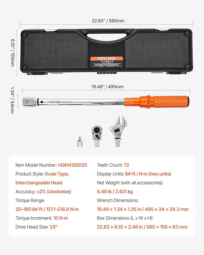 VEVOR Adjustable Torque Wrench 1/2 Inch Drive, 20-160Ft.lb/27.1-216.8Nm, 38MM Open End, 3/8 Inch Drive Torque Wrench with Interchangeable Jaw & Ratchet Head for HVAC, Car, Moto, Narrow Pipeline