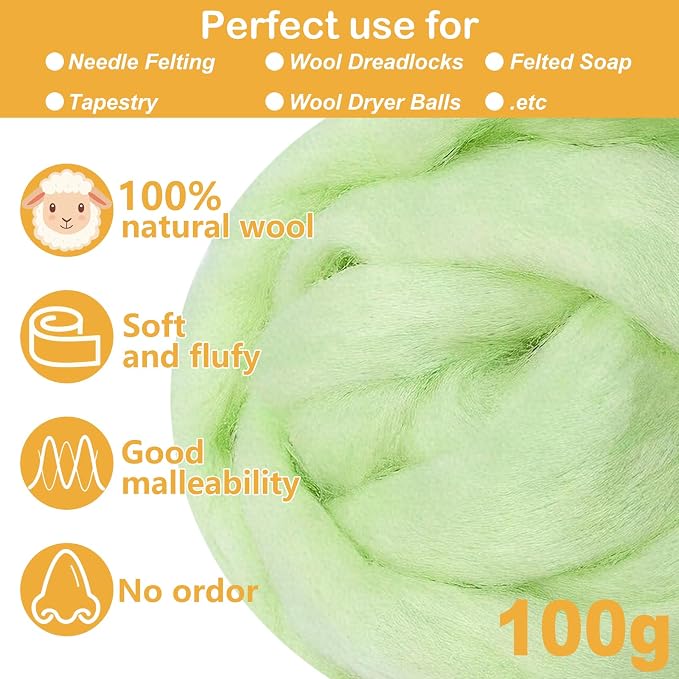 Light Green Wool for Needle Felting, 3.5oz Felting Wool, Soft Wool Batting for - Image 2