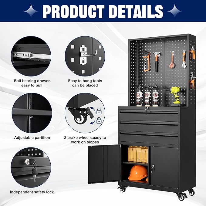 Yizosh Metal Garage Storage Cabinet with Wheels,3-Drawer Rolling Tool Cabinet with 2 Door and Adjustable Shelves,- 71" Steel Tool Cabinet for Warehouse,Garage,Workshop