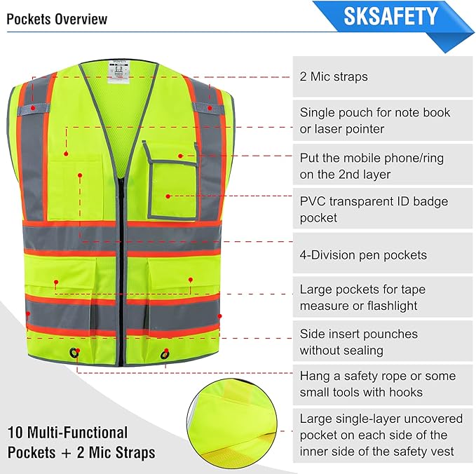 SKSAFETY 10 Pockets Safety Vest, Class 2 High Visibility Security with Zipper Back Mesh, Hi Vis Vest with Reflective Strips, ANSI/ISEA Standard, Construction Work Vest for Men ＆ Women （Lime, L）